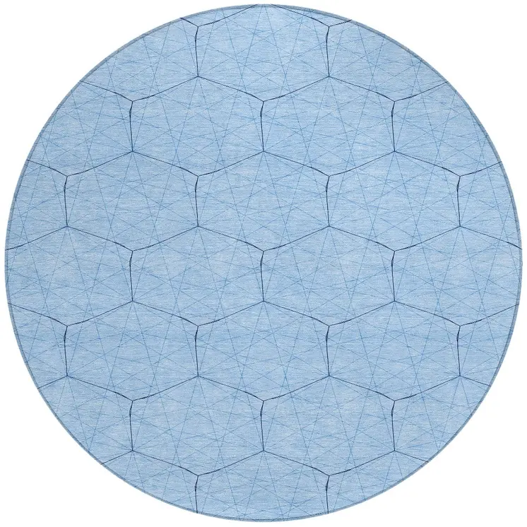 8' Sky Blue And Black Round Geometric Washable Indoor Outdoor Area Rug