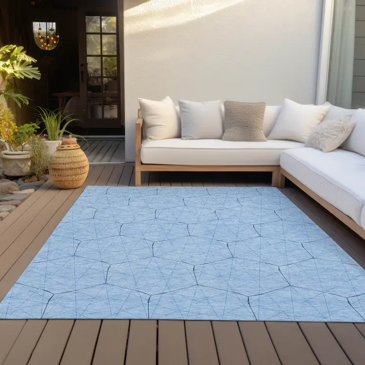 8' X 10' Sky Blue And Black Geometric Washable Indoor Outdoor Area Rug