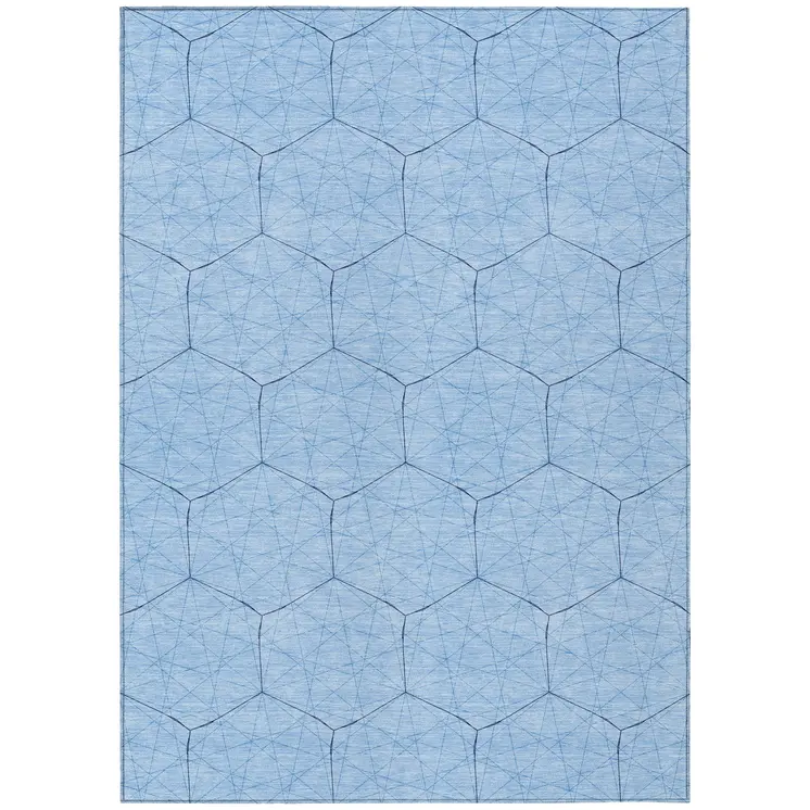 9' X 12' Sky Blue And Black Geometric Washable Indoor Outdoor Area Rug