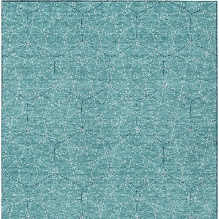 3' X 5' Teal Blue Black And Ivory Geometric Washable Indoor Outdoor Area Rug