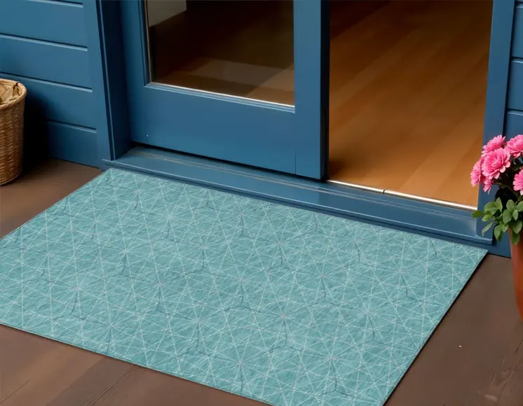 3' X 5' Teal Blue Black And Ivory Geometric Washable Indoor Outdoor Area Rug