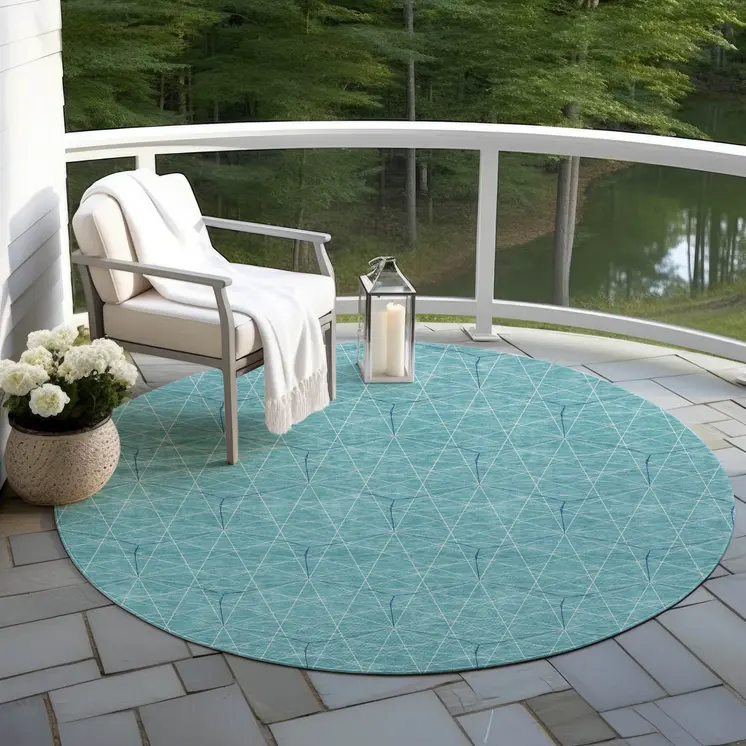 8' Teal Blue Black And Ivory Round Geometric Washable Indoor Outdoor Area Rug