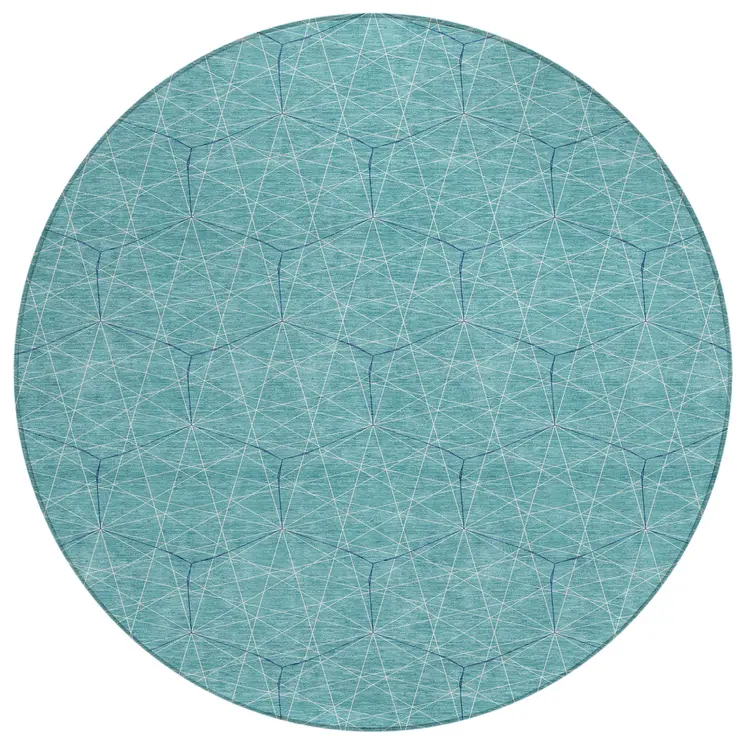 8' Teal Blue Black And Ivory Round Geometric Washable Indoor Outdoor Area Rug