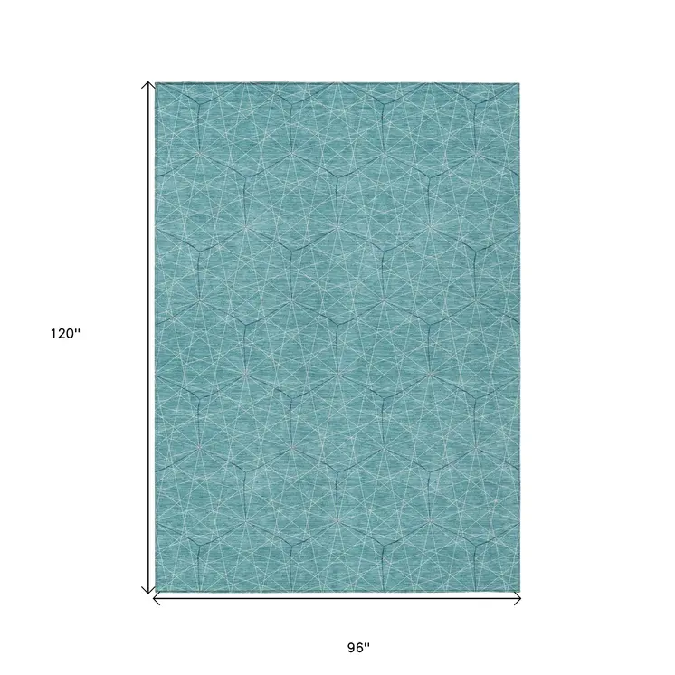 8' X 10' Teal Blue Black And Ivory Geometric Washable Indoor Outdoor Area Rug