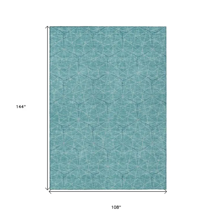 9' X 12' Teal Blue Black And Ivory Geometric Washable Indoor Outdoor Area Rug