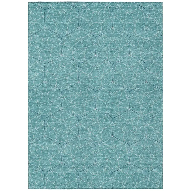 9' X 12' Teal Blue Black And Ivory Geometric Washable Indoor Outdoor Area Rug