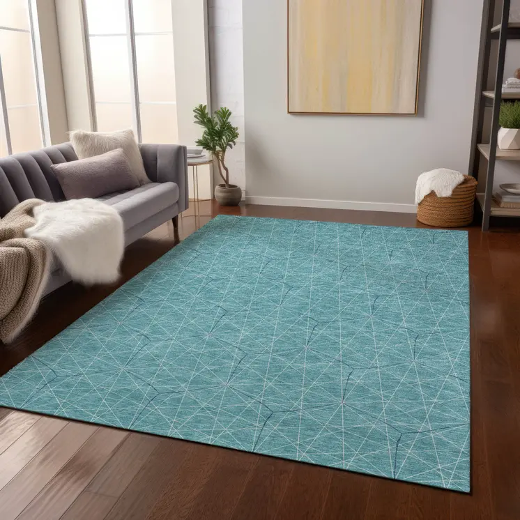 9' X 12' Teal Blue Black And Ivory Geometric Washable Indoor Outdoor Area Rug