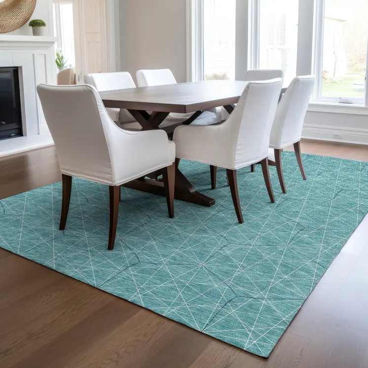 9' X 12' Teal Blue Black And Ivory Geometric Washable Indoor Outdoor Area Rug