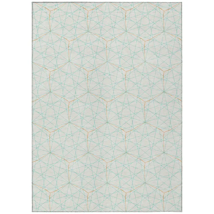 3' X 5' White Aqua And Copper Geometric Washable Indoor Outdoor Area Rug