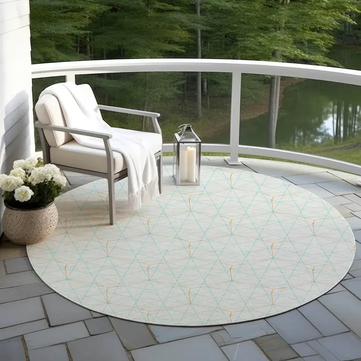 8' White Aqua And Copper Round Geometric Washable Indoor Outdoor Area Rug