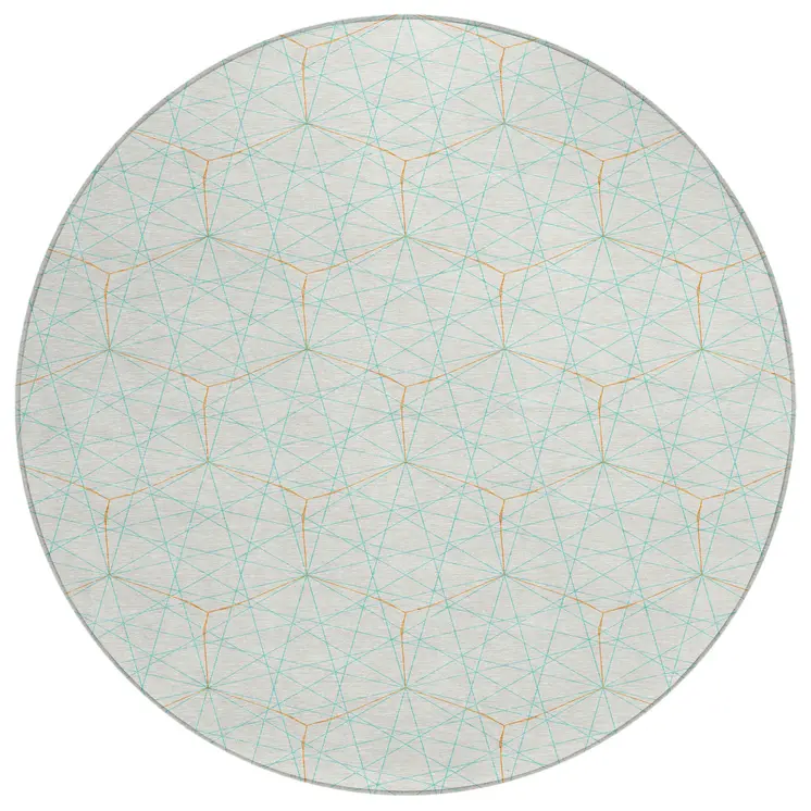 8' White Aqua And Copper Round Geometric Washable Indoor Outdoor Area Rug