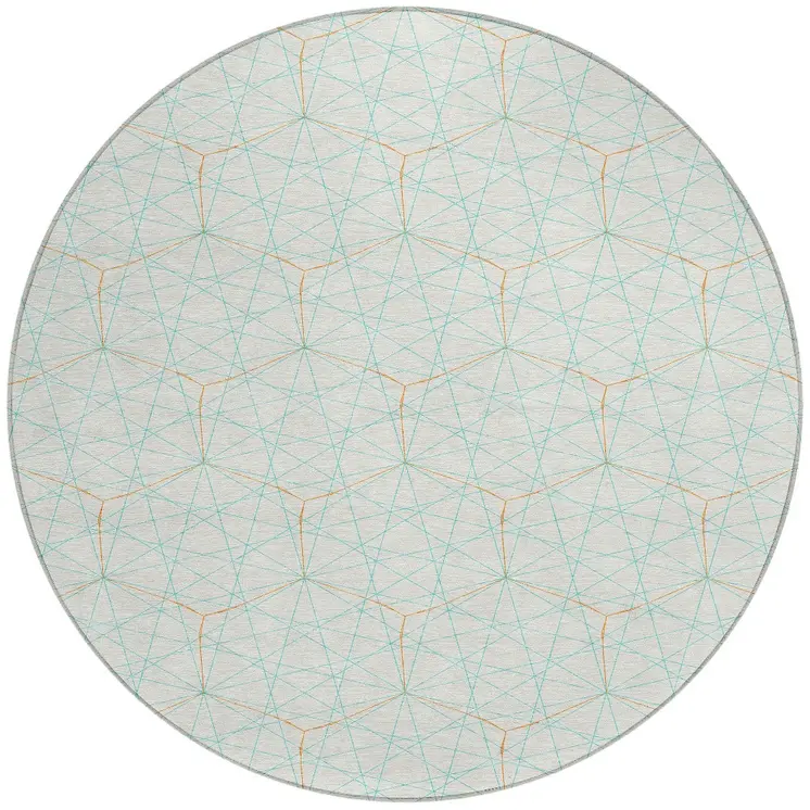 8' White Aqua And Copper Round Geometric Washable Indoor Outdoor Area Rug