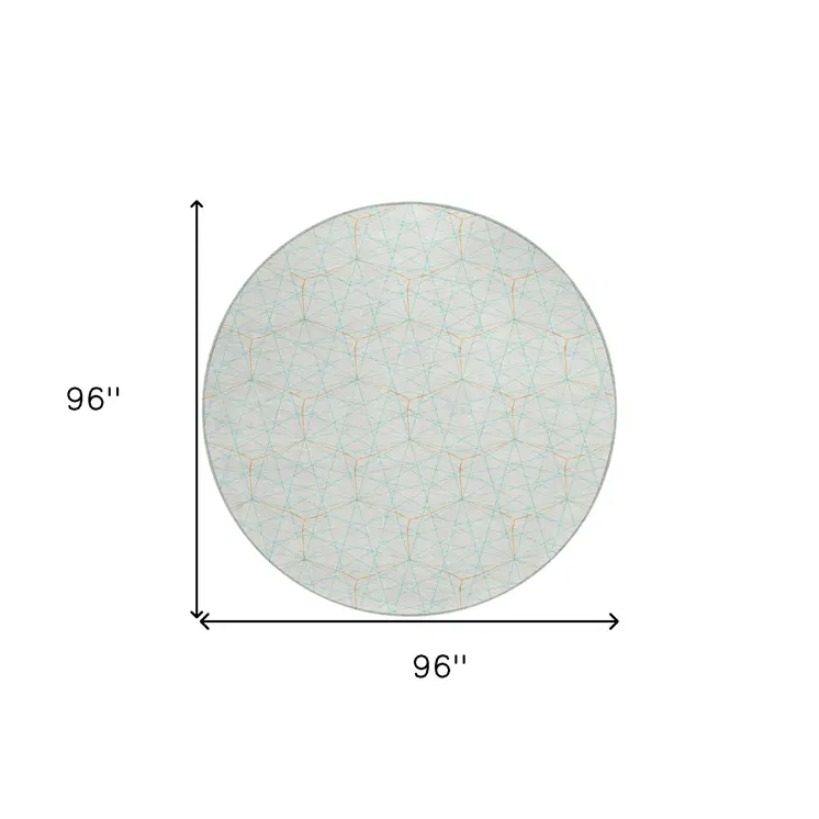 8' White Aqua And Copper Round Geometric Washable Indoor Outdoor Area Rug