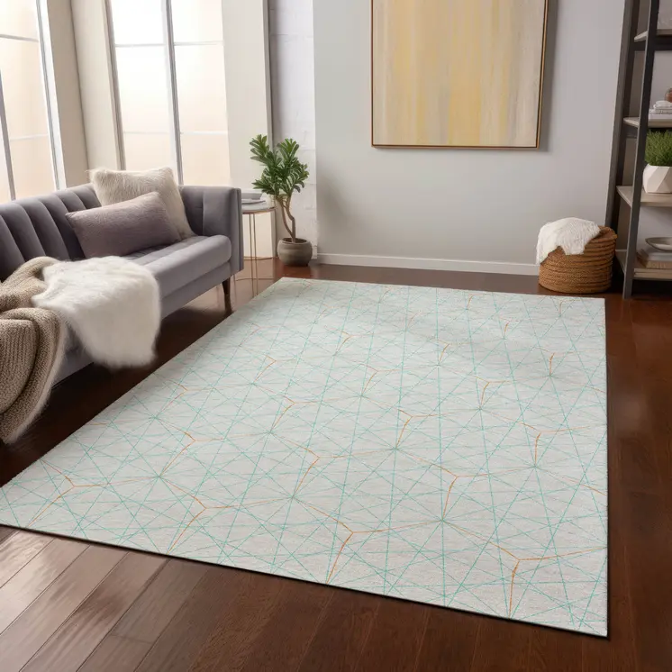 10' X 14' White Aqua And Copper Geometric Washable Indoor Outdoor Area Rug