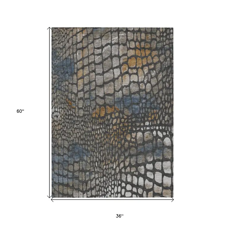 3' X 5' Charcoal Brown And Copper Abstract Washable Indoor Outdoor Area Rug
