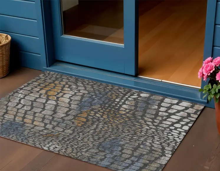 3' X 5' Charcoal Brown And Copper Abstract Washable Indoor Outdoor Area Rug