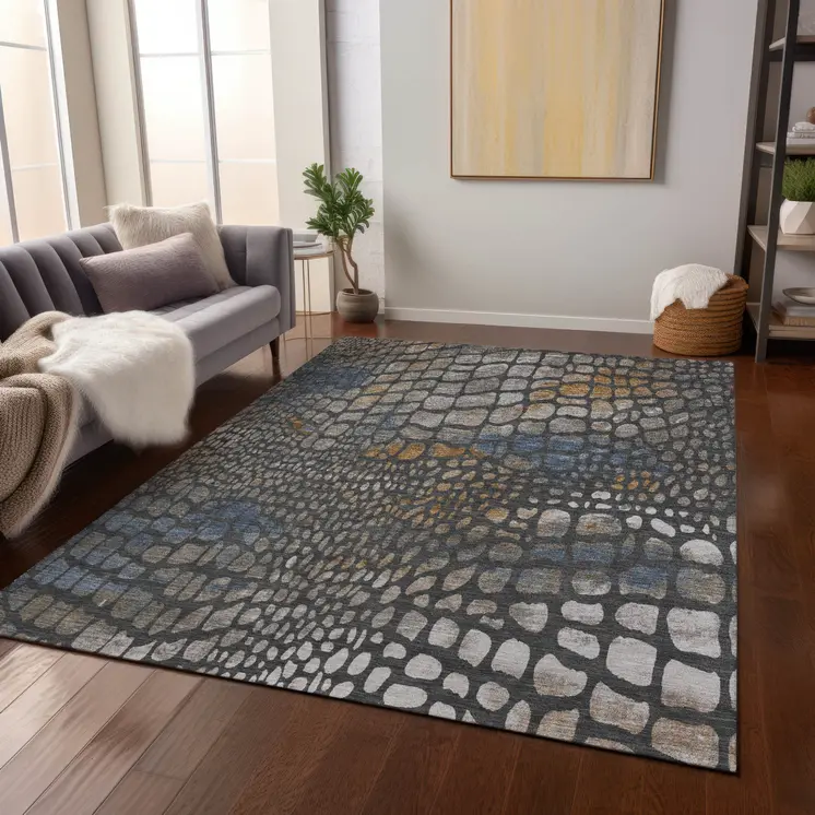 3' X 5' Charcoal Brown And Copper Abstract Washable Indoor Outdoor Area Rug