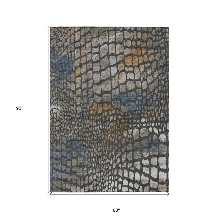 5' X 8' Charcoal Brown And Copper Abstract Washable Indoor Outdoor Area Rug