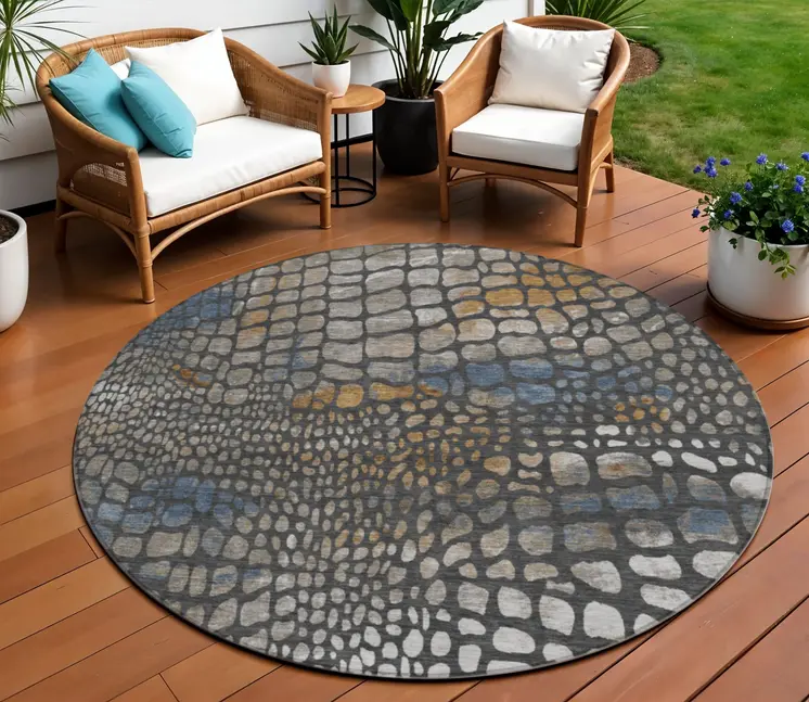 8' Charcoal Brown And Copper Round Abstract Washable Indoor Outdoor Area Rug