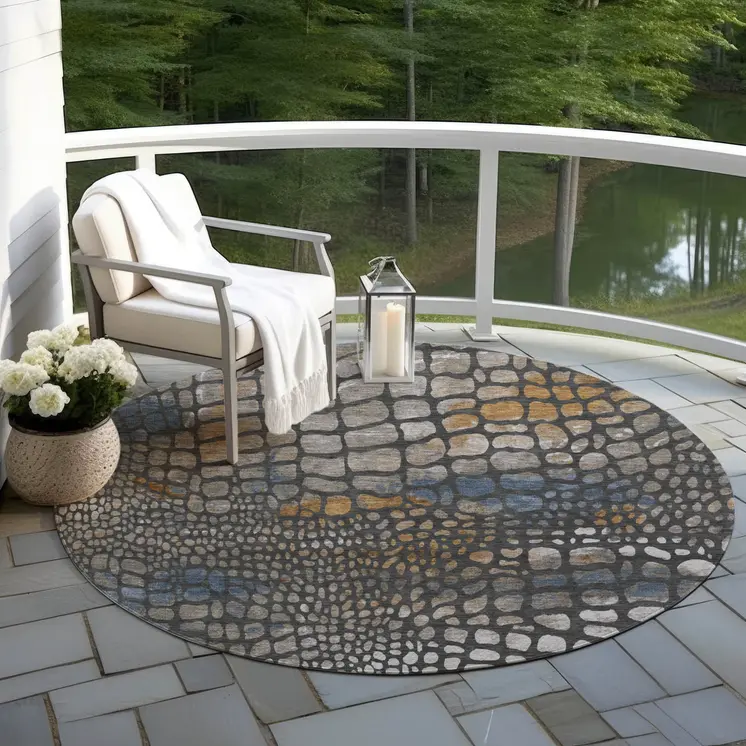 8' Charcoal Brown And Copper Round Abstract Washable Indoor Outdoor Area Rug