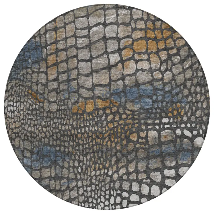 8' Charcoal Brown And Copper Round Abstract Washable Indoor Outdoor Area Rug