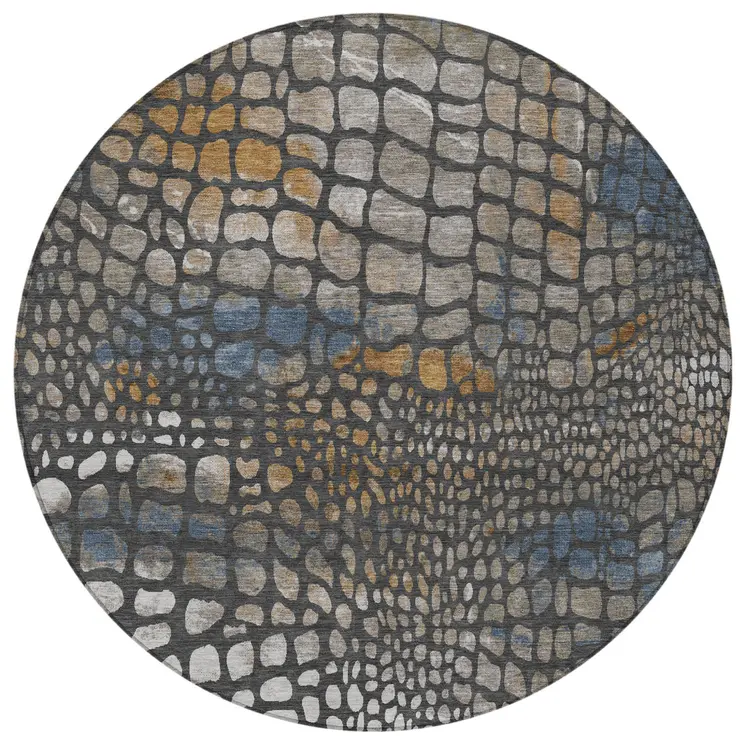 8' Charcoal Brown And Copper Round Abstract Washable Indoor Outdoor Area Rug