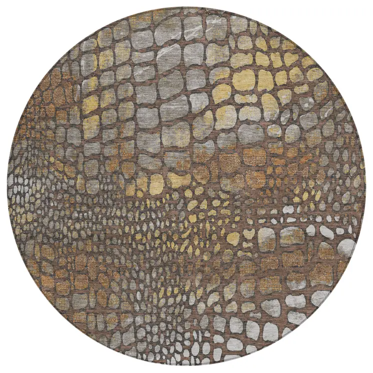8' Chocolate Beige And Copper Round Abstract Washable Indoor Outdoor Area Rug