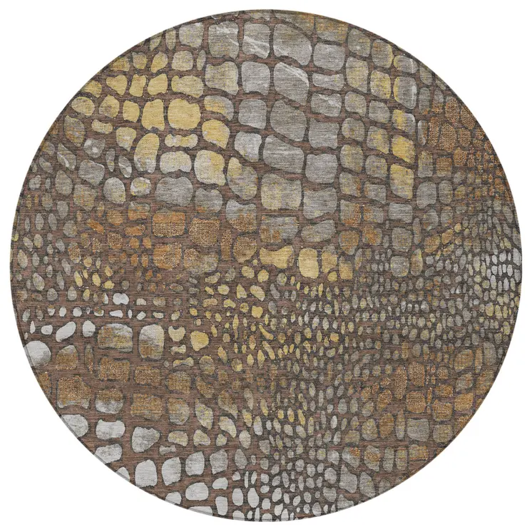 8' Chocolate Beige And Copper Round Abstract Washable Indoor Outdoor Area Rug