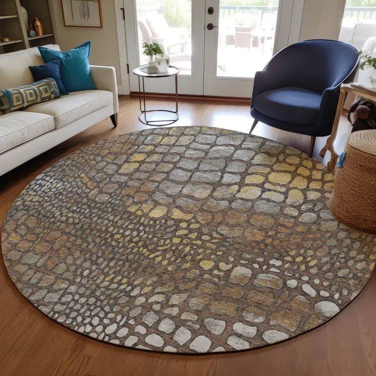 8' Chocolate Beige And Copper Round Abstract Washable Indoor Outdoor Area Rug