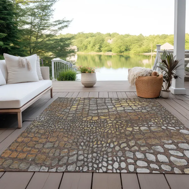 9' X 12' Chocolate Beige And Copper Abstract Washable Indoor Outdoor Area Rug
