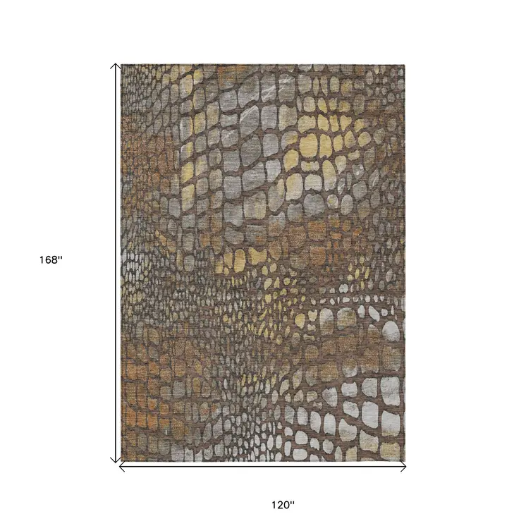 10' X 14' Chocolate Beige And Copper Abstract Washable Indoor Outdoor Area Rug
