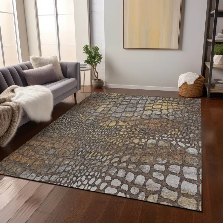 10' X 14' Chocolate Beige And Copper Abstract Washable Indoor Outdoor Area Rug