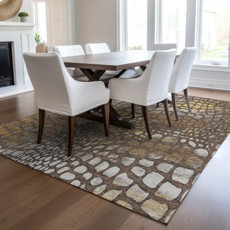 10' X 14' Chocolate Beige And Copper Abstract Washable Indoor Outdoor Area Rug
