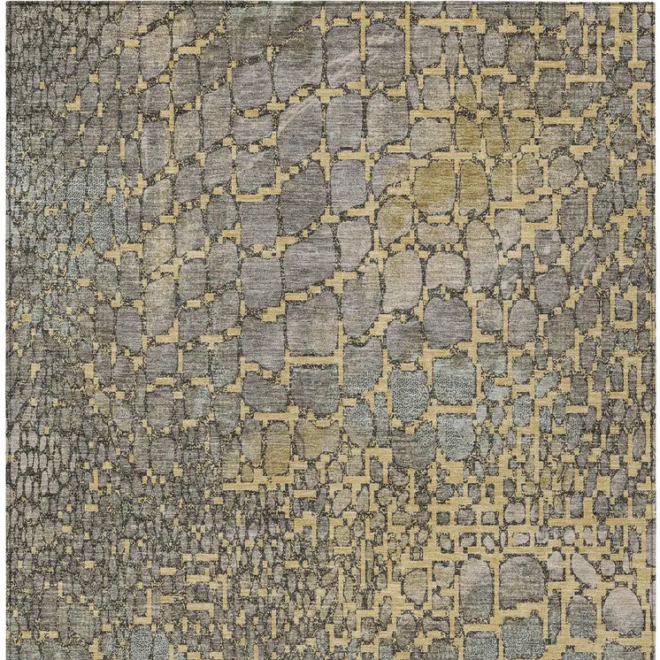 3' X 5' Gold And Gray Abstract Washable Indoor Outdoor Area Rug