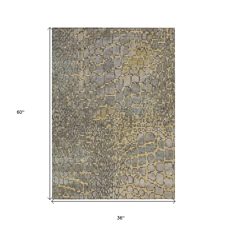 3' X 5' Gold And Gray Abstract Washable Indoor Outdoor Area Rug