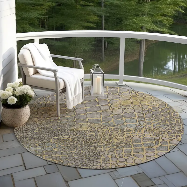 8' Gold And Gray Round Abstract Washable Indoor Outdoor Area Rug