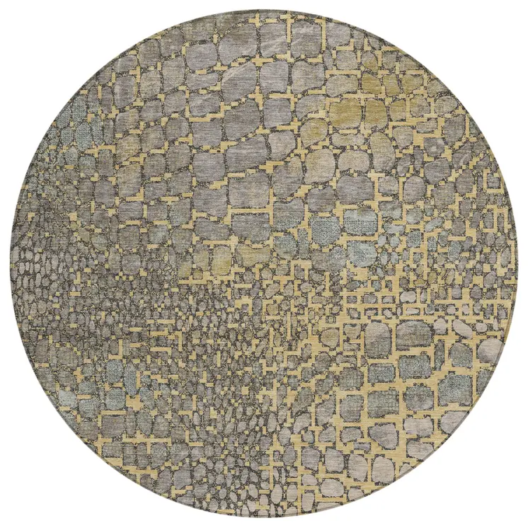 8' Gold And Gray Round Abstract Washable Indoor Outdoor Area Rug