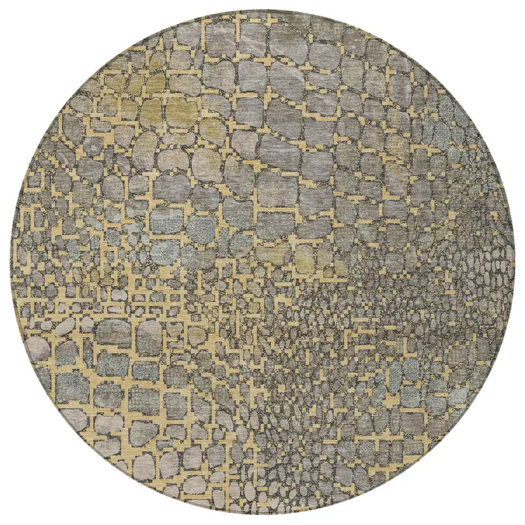 8' Gold And Gray Round Abstract Washable Indoor Outdoor Area Rug