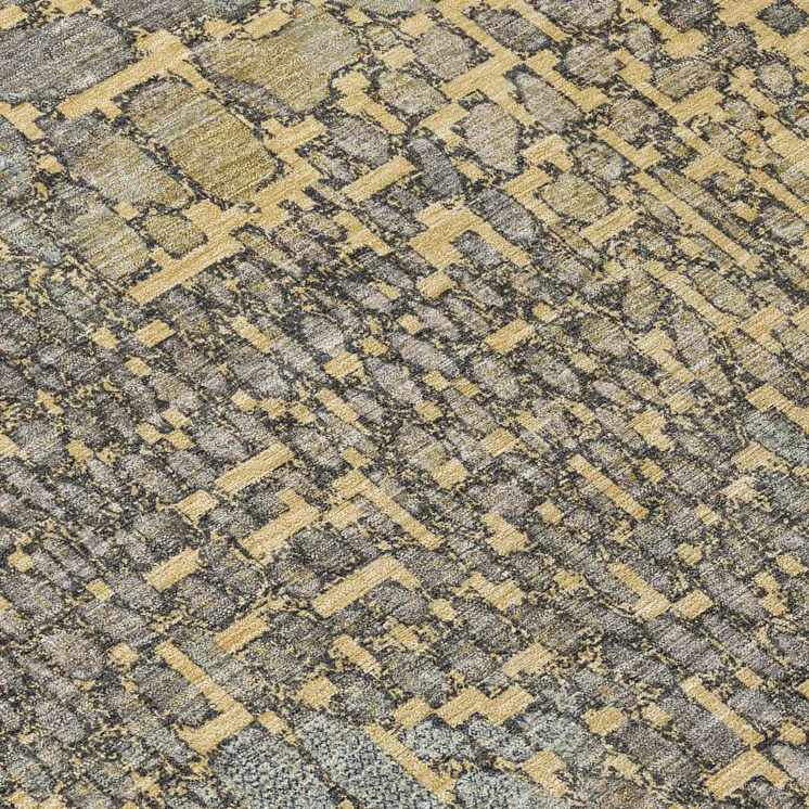 8' Gold And Gray Round Abstract Washable Indoor Outdoor Area Rug