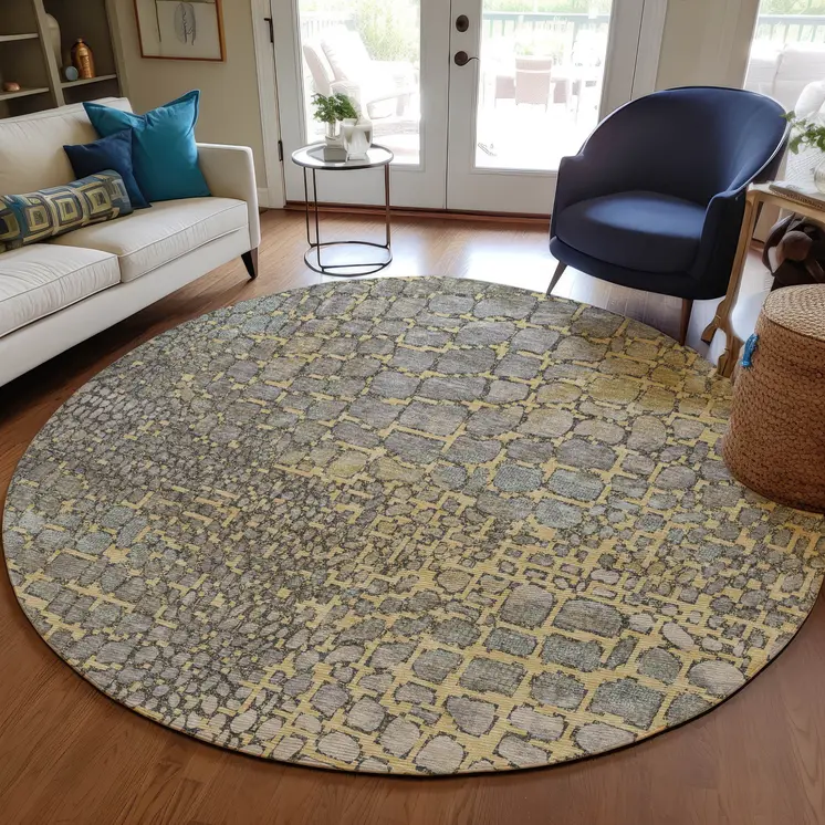 8' Gold And Gray Round Abstract Washable Indoor Outdoor Area Rug