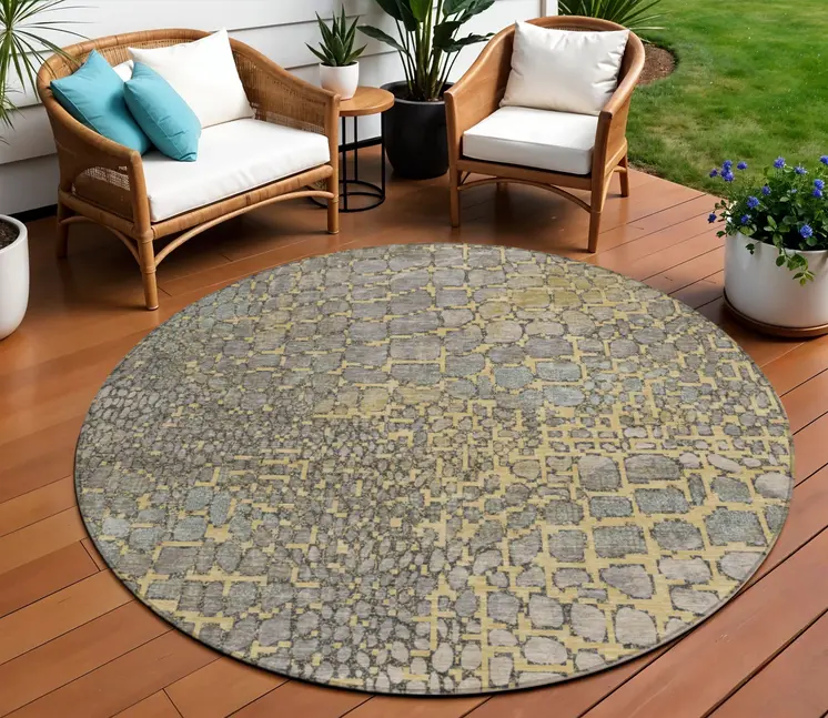 8' Gold And Gray Round Abstract Washable Indoor Outdoor Area Rug