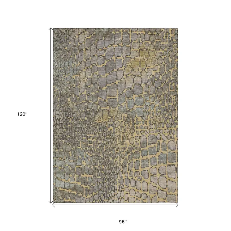 8' X 10' Gold And Gray Abstract Washable Indoor Outdoor Area Rug