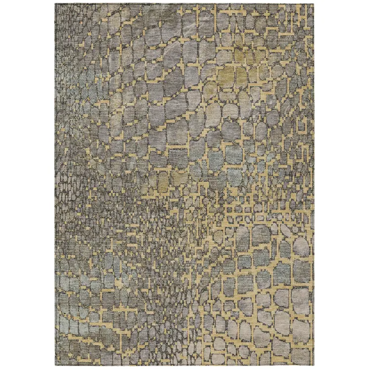 8' X 10' Gold And Gray Abstract Washable Indoor Outdoor Area Rug
