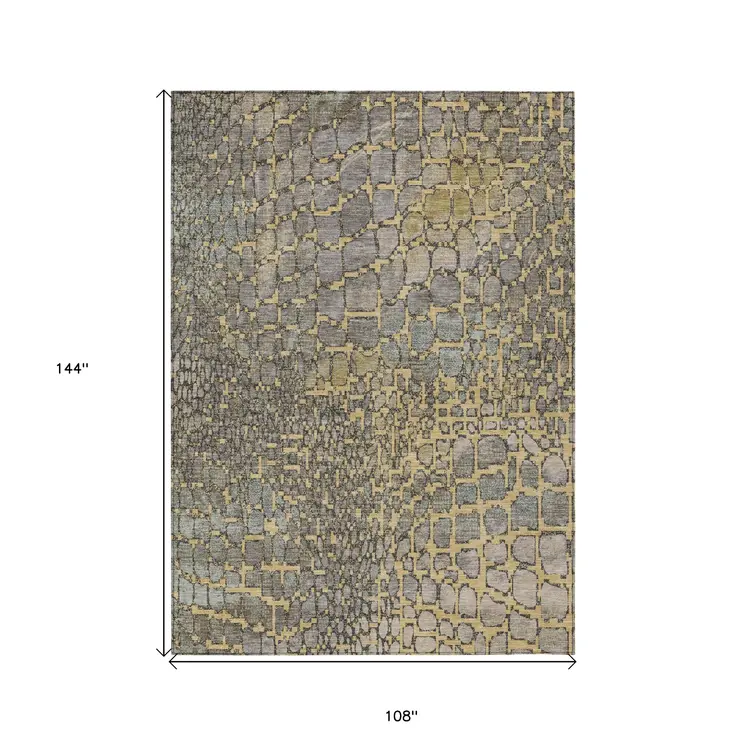 9' X 12' Gold And Gray Abstract Washable Indoor Outdoor Area Rug