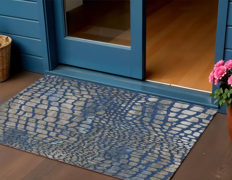 3' X 5' Navy Blue Gray And Brown Abstract Washable Indoor Outdoor Area Rug