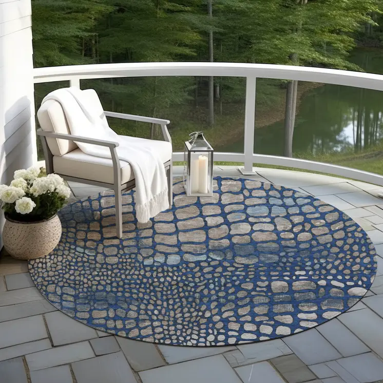 8' Navy Blue Gray And Brown Round Abstract Washable Indoor Outdoor Area Rug