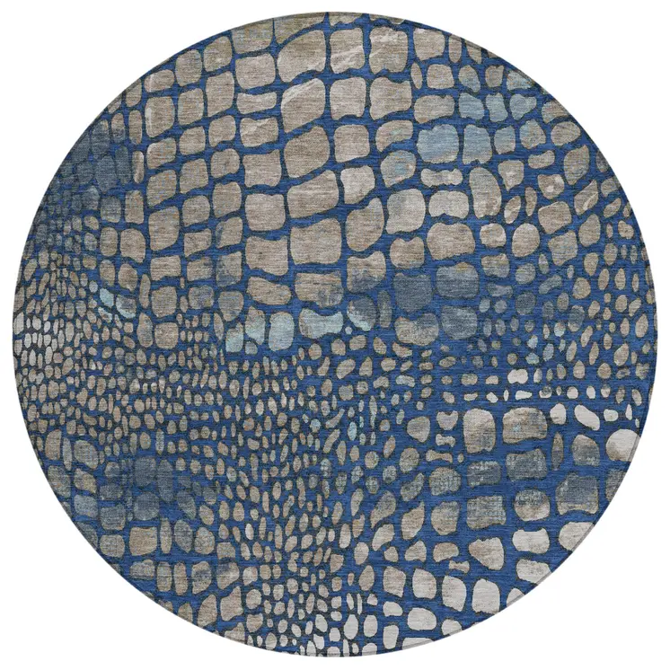8' Navy Blue Gray And Brown Round Abstract Washable Indoor Outdoor Area Rug