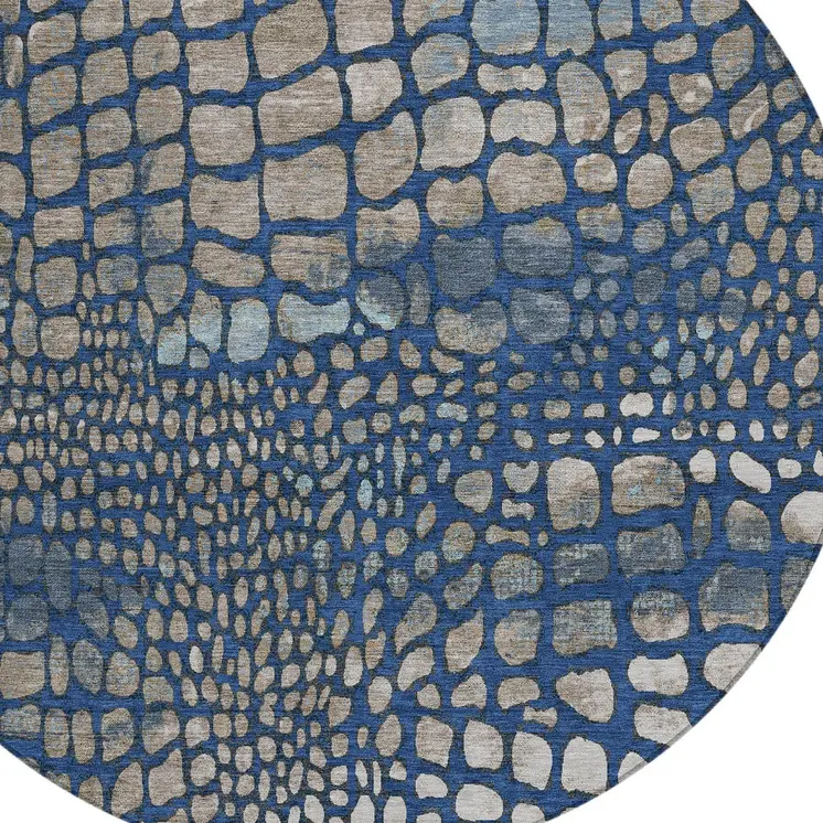 8' Navy Blue Gray And Brown Round Abstract Washable Indoor Outdoor Area Rug