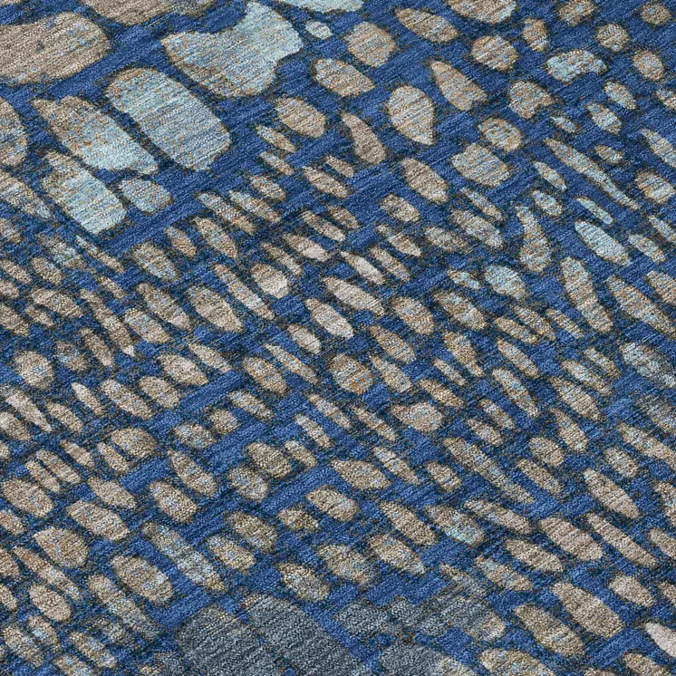 8' Navy Blue Gray And Brown Round Abstract Washable Indoor Outdoor Area Rug