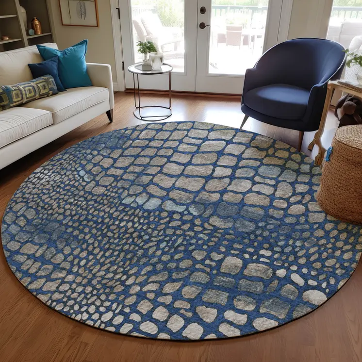 8' Navy Blue Gray And Brown Round Abstract Washable Indoor Outdoor Area Rug